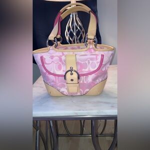 Coach Pink Signature Jacquard Tote with Cream Trim